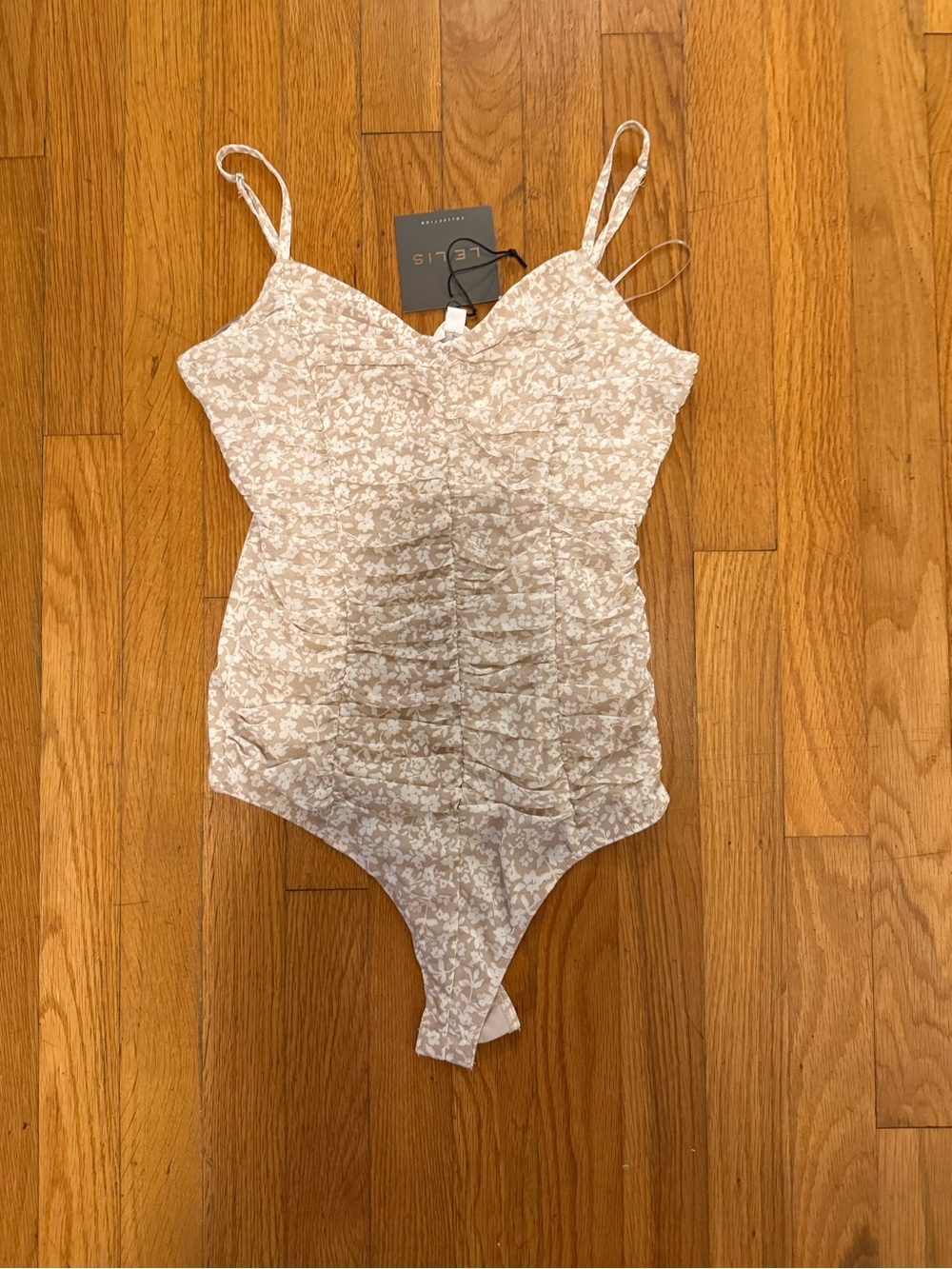 Le Lis Cream Floral Ruched Cami Bodysuit